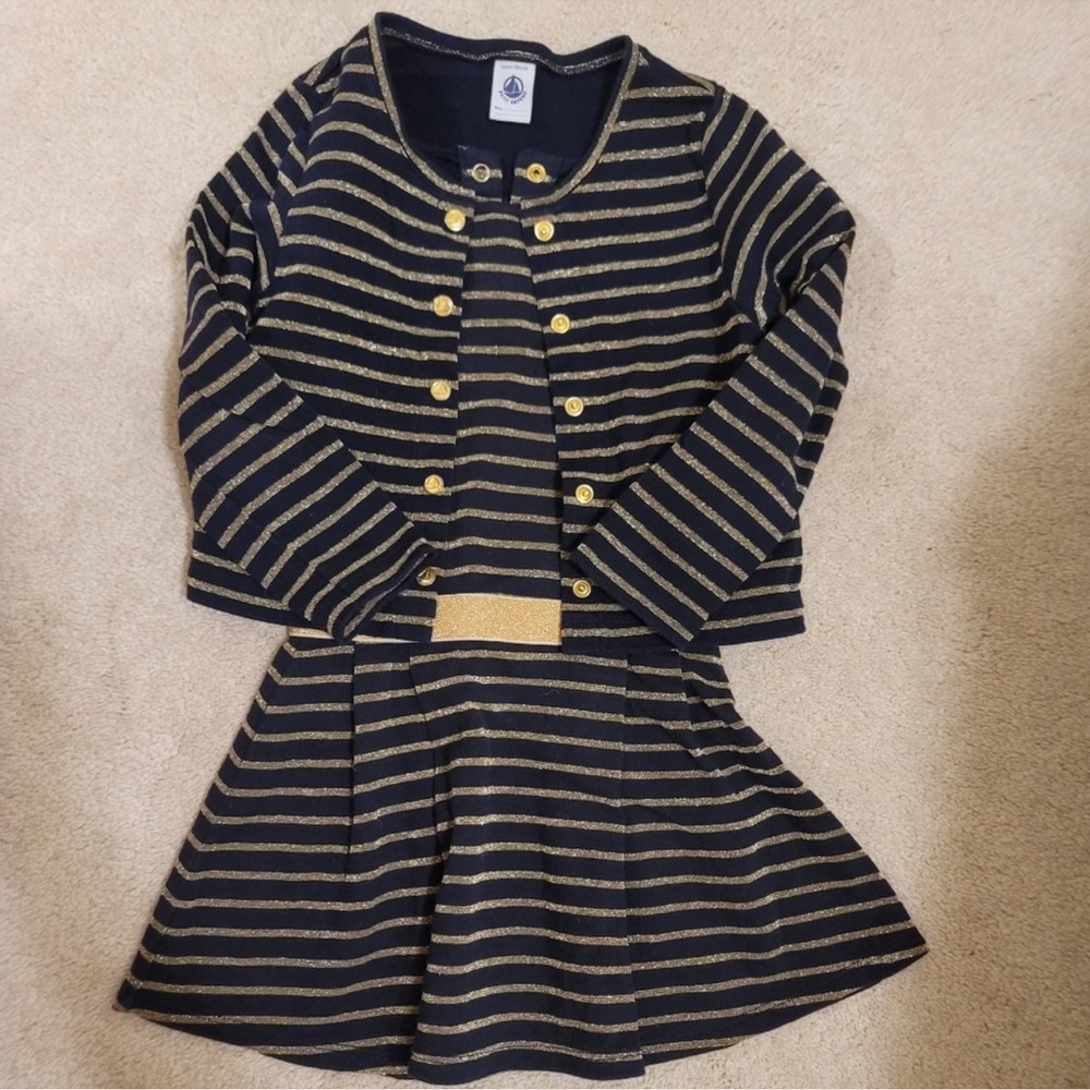 EUC Petit Bateau navy and gold lurex striped dress and jacket.